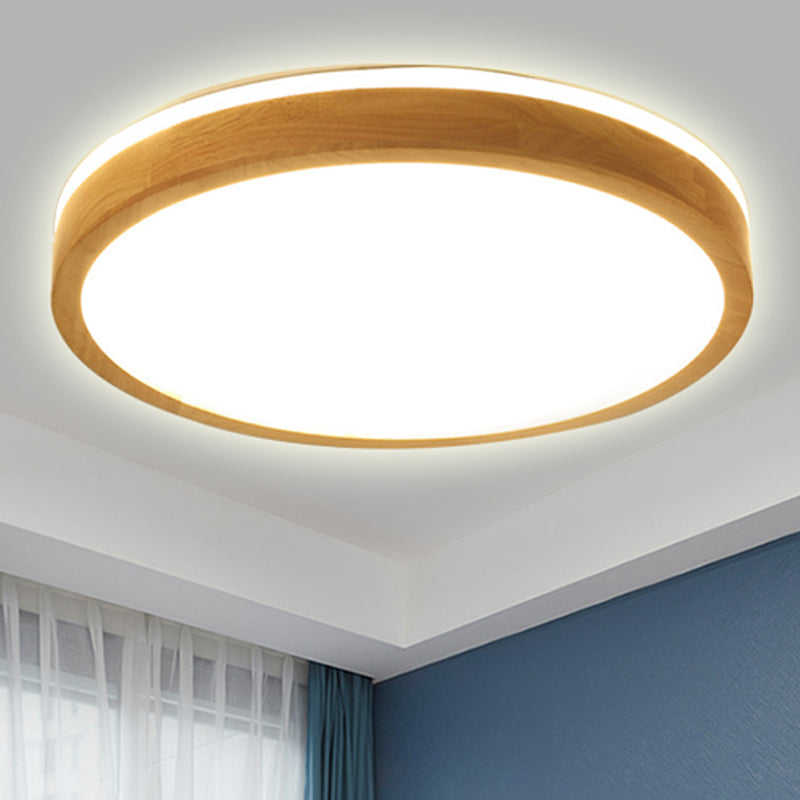 Modern Round Wooden 1-Light LED Flush Mount Ceiling Fixture with Frosted Diffuser - 3 Sizes Available