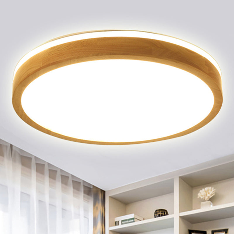 Modern Round Wooden 1-Light LED Flush Mount Ceiling Fixture with Frosted Diffuser - 3 Sizes Available