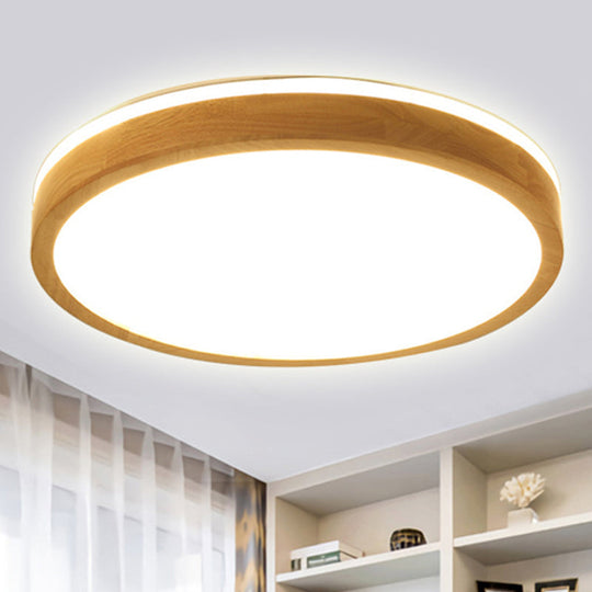 Modern Round Wooden 1-Light LED Flush Mount Ceiling Fixture with Frosted Diffuser - 3 Sizes Available