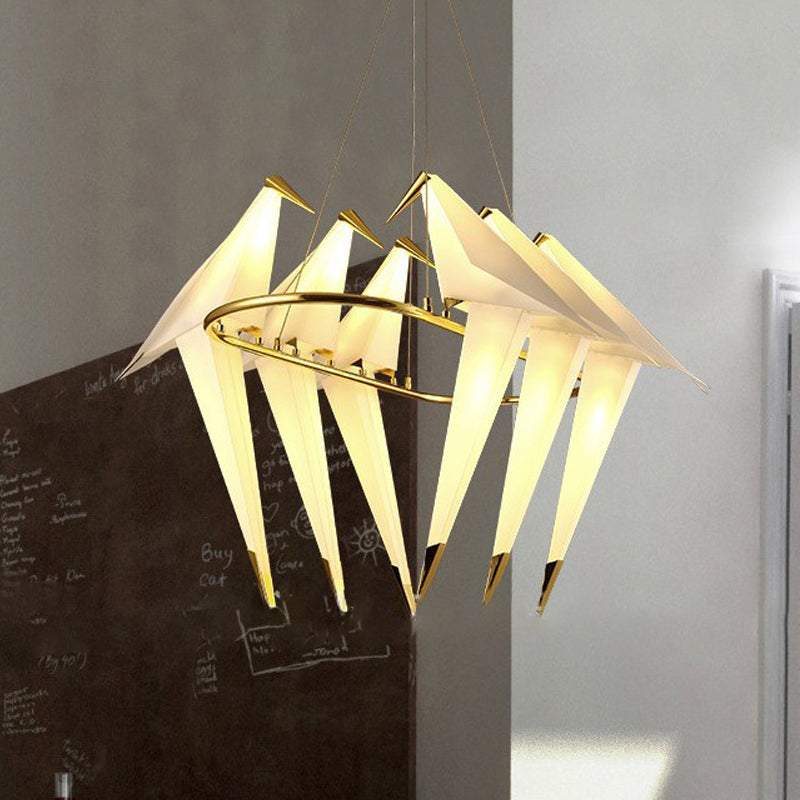 Modern White Bird Chandelier - 6-Light Plastic Hanging Lamp Gold Finish