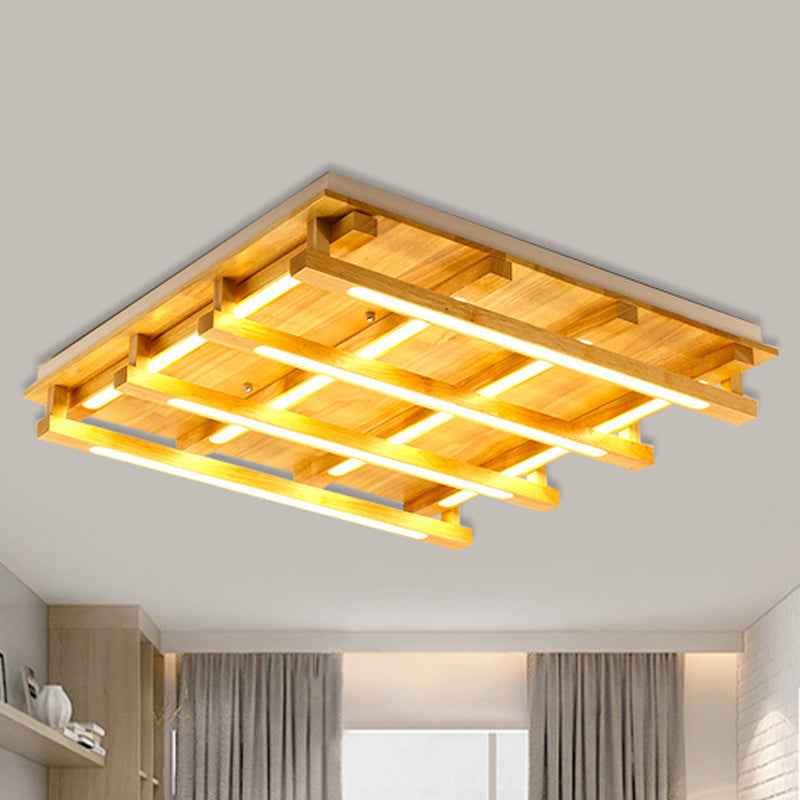 Led Flush Ceiling Light With Square Wood Shade - Modernist Brown Finish For Living Room (1/4/9