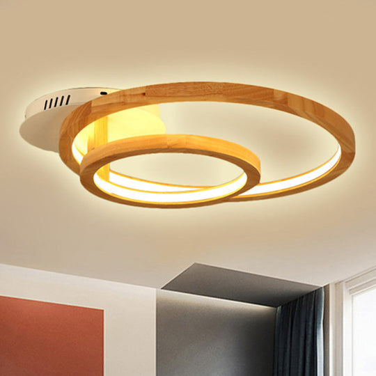 Modern 2-Tier Ring Wood LED Brown Semi Flush Mount for Warm Bedroom Light - 18.5"/23" Wide