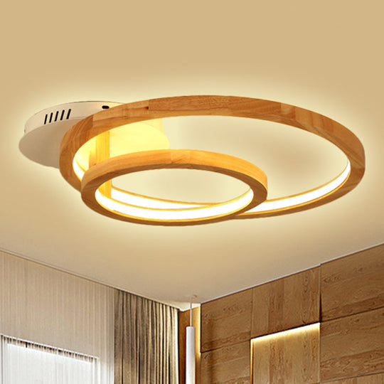 Modern 2-Tier Ring Wood LED Brown Semi Flush Mount for Warm Bedroom Light - 18.5"/23" Wide