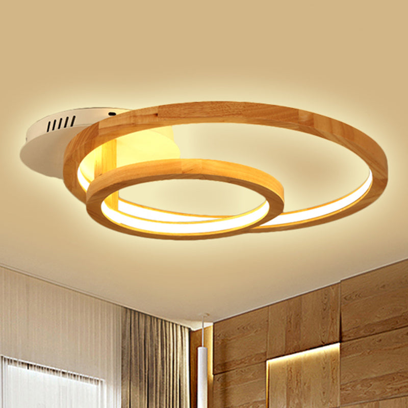 Modern 2-Tier Ring Wood Led Brown Semi Flush Mount For Warm Bedroom Light - 18.5/23 Wide