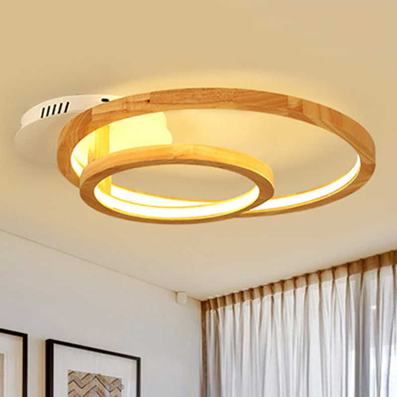 Modern 2-Tier Ring Wood LED Brown Semi Flush Mount for Warm Bedroom Light - 18.5"/23" Wide