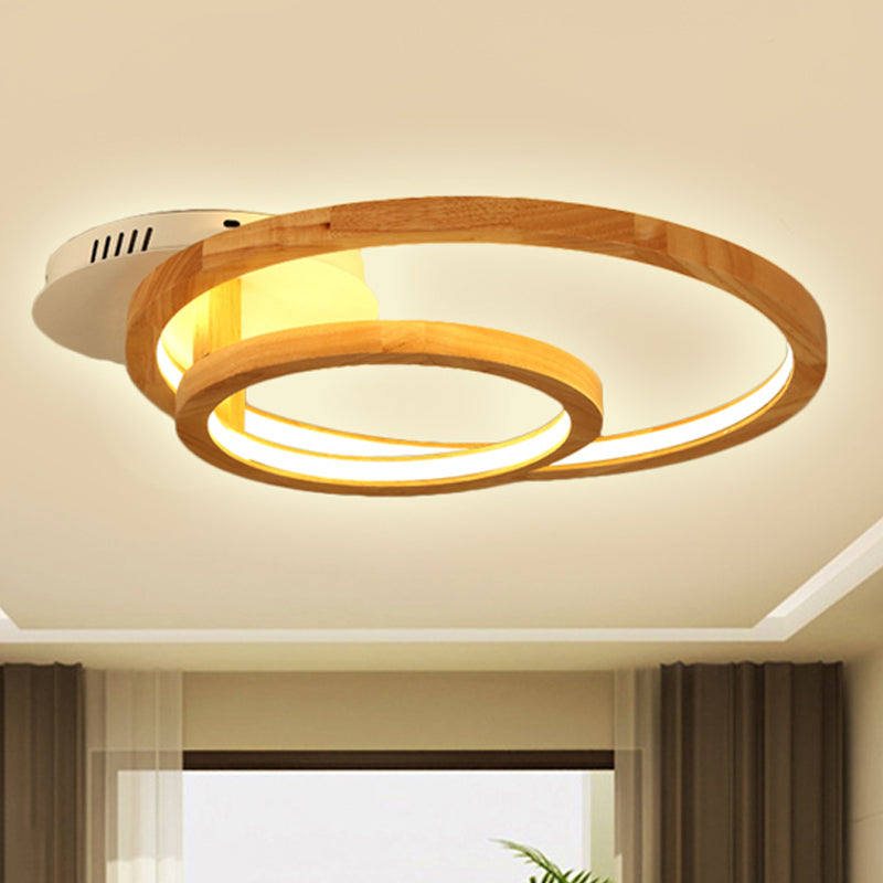 Modern 2-Tier Ring Wood LED Brown Semi Flush Mount for Warm Bedroom Light - 18.5"/23" Wide