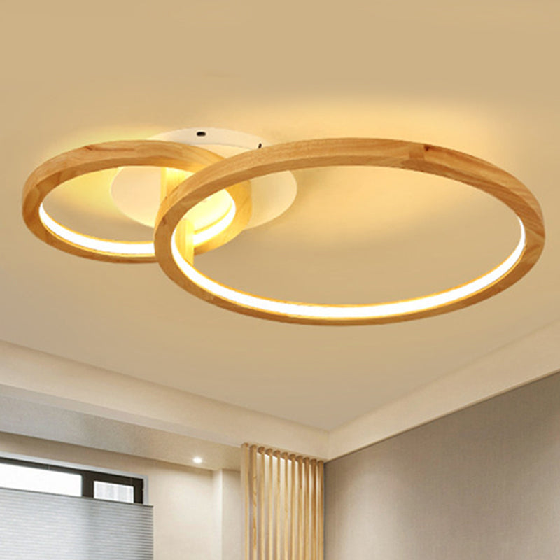 Modern 2-Tier LED Semi Flush Ceiling Light for Bedroom in Warm Brown Wood, 21.5"/28" Wide