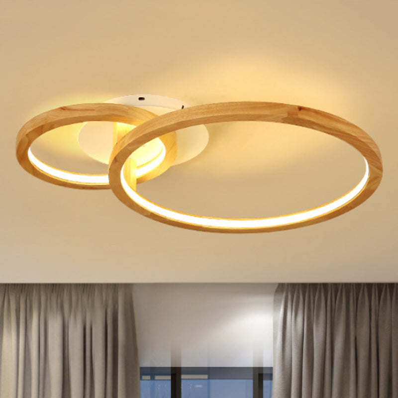 Modern 2-Tier LED Semi Flush Ceiling Light for Bedroom in Warm Brown Wood, 21.5"/28" Wide