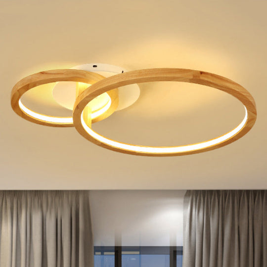 Modern 2-Tier Led Semi Flush Ceiling Light For Bedroom In Warm Brown Wood 21.5/28 Wide