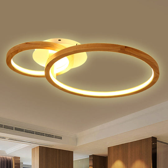 Modern 2-Tier LED Semi Flush Ceiling Light for Bedroom in Warm Brown Wood, 21.5"/28" Wide