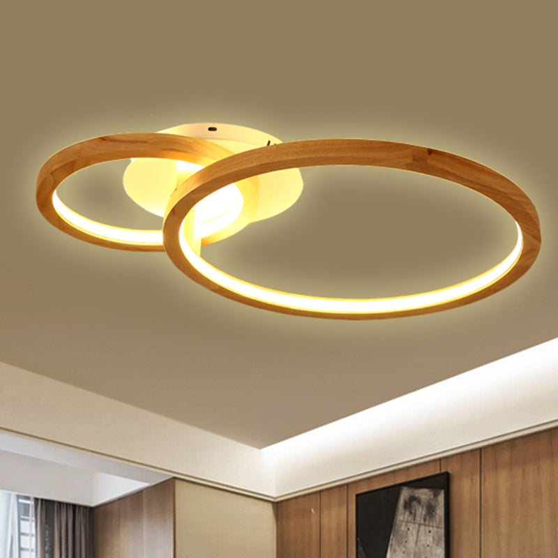 Modern 2-Tier LED Semi Flush Ceiling Light for Bedroom in Warm Brown Wood, 21.5"/28" Wide