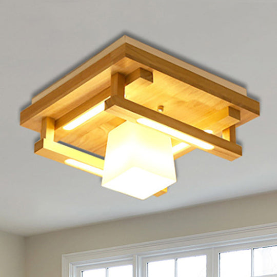 Modernist Wood Square Flush Mount Lighting With 1/4/9 Brown Led Lights And White Glass Cubic Shade