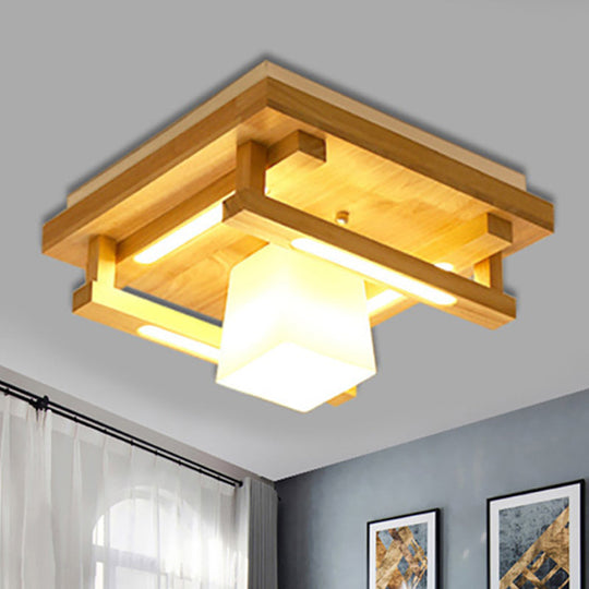 Luminaire encastré carré en bois moderniste avec 1/4/9 lumières LED marron et abat-jour cubique en verre blanc en lumière blanche/chaude