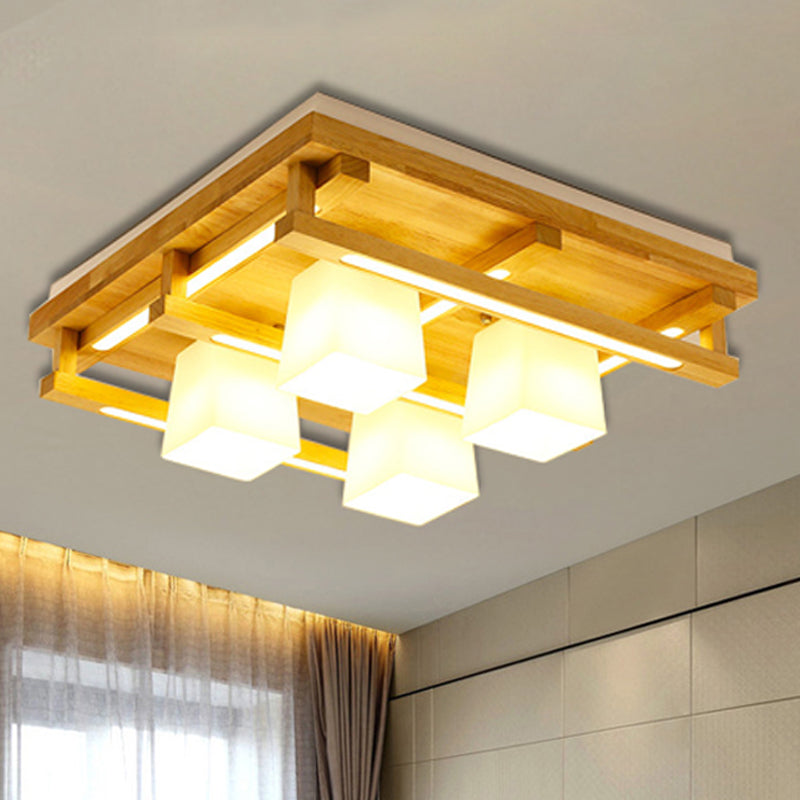 Modernist Wood Square Flush Mount Lighting With 1/4/9 Brown Led Lights And White Glass Cubic Shade