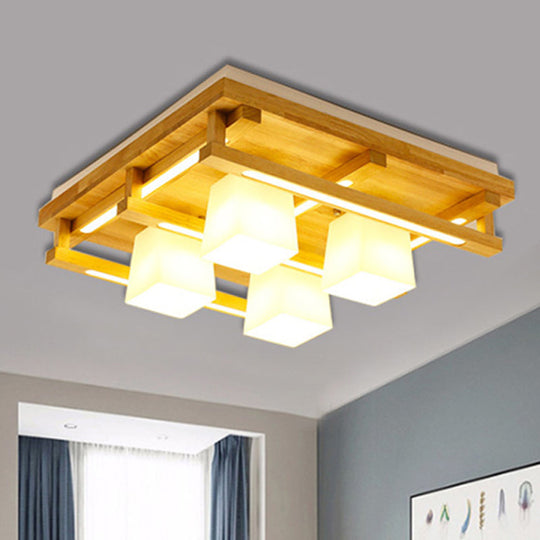 Modernist Wood Square Flush Mount Lighting With 1/4/9 Brown Led Lights And White Glass Cubic Shade