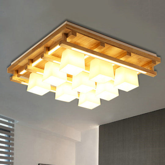 Modernist Wood Square Flush Mount Lighting With 1/4/9 Brown Led Lights And White Glass Cubic Shade