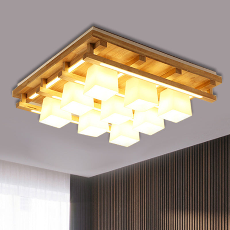 Modernist Wood Square Flush Mount Lighting With 1/4/9 Brown Led Lights And White Glass Cubic Shade