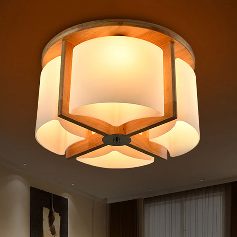 Modernist Brown Bedroom Flush Mount Ceiling Light with Cylinder Wood Shade (4/6 Lights)