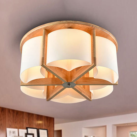 Modernist Brown Bedroom Flush Mount Ceiling Light with Cylinder Wood Shade (4/6 Lights)