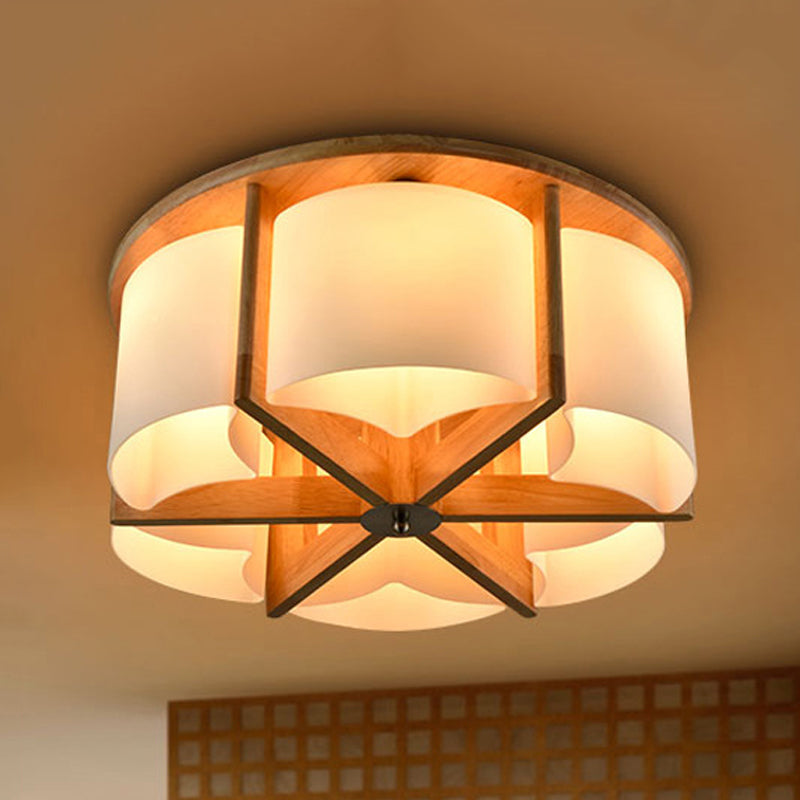 Modernist Brown Bedroom Flush Mount Ceiling Light with Cylinder Wood Shade (4/6 Lights)