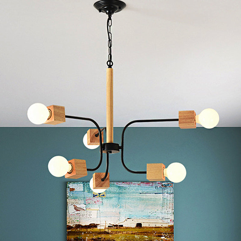 Modernist Curved Arm Pendant Chandelier: White/Black, Multi-Light Wood Hanging Lamp with Chain