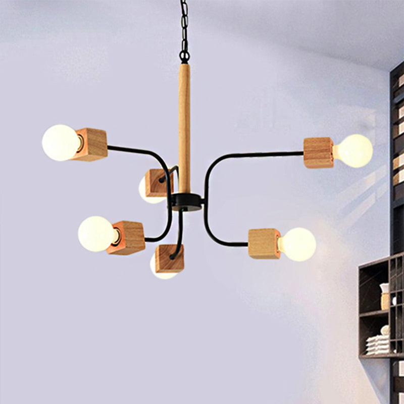 Modernist Curved Arm Pendant Chandelier: White/Black, Multi-Light Wood Hanging Lamp with Chain