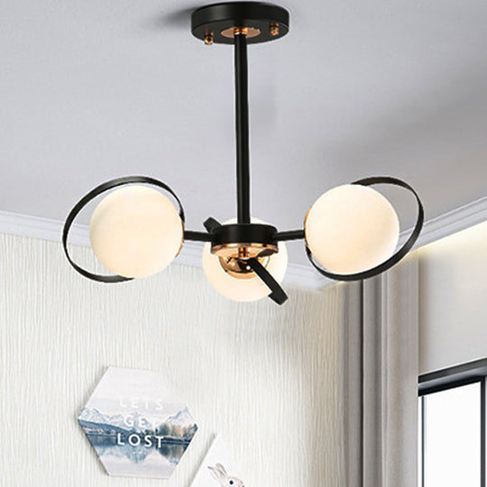 Modernist Ball White Glass Chandelier: Radial Design 3/6 Lights Black Ceiling Lamp Fixture 3 /