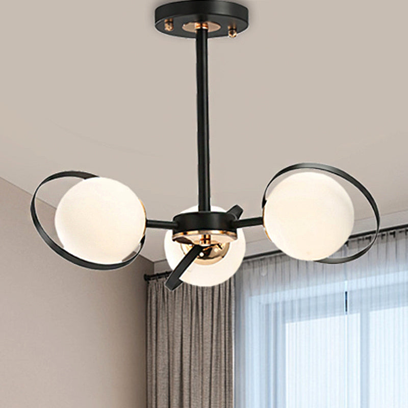 Modernist Ball White Glass Chandelier: Radial Design 3/6 Lights Black Ceiling Lamp Fixture