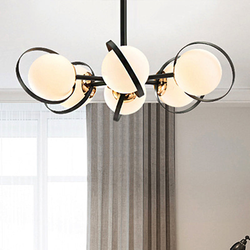 Modernist Ball White Glass Chandelier: Radial Design 3/6 Lights Black Ceiling Lamp Fixture 6 /