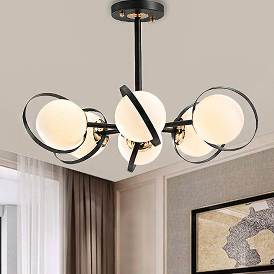 Modernist White Glass Chandelier with Radial Design – 3/6 Lights – Black Ceiling Lamp Fixture