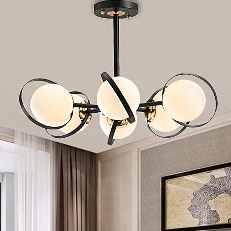 Modernist Ball White Glass Chandelier: Radial Design 3/6 Lights Black Ceiling Lamp Fixture