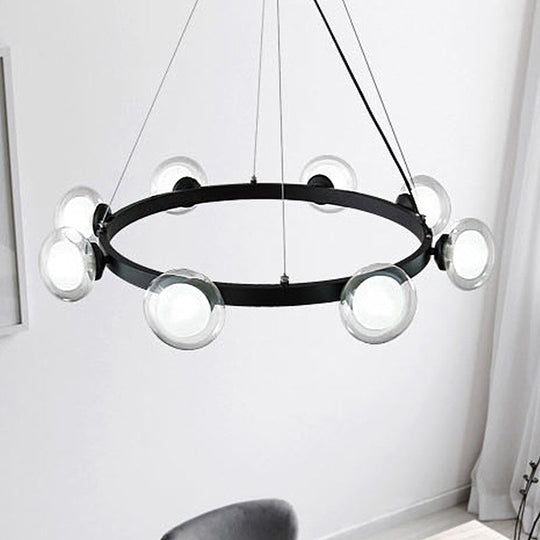 Contemporary Clear Glass Chandelier with Circle Ring Design - 6/8-Light LED Hanging Light in Black