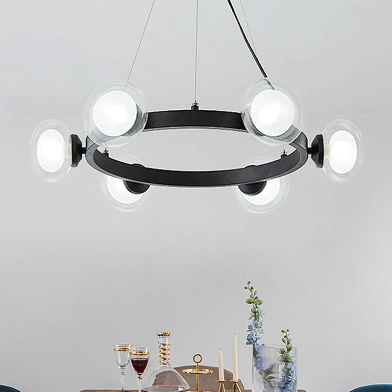 Contemporary Clear Glass Chandelier with Circle Ring Design - 6/8-Light LED Hanging Light in Black