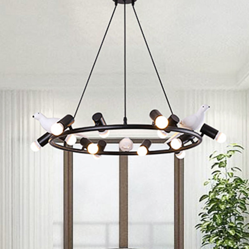 Black Metal Ring Pendant Chandelier with Bird Ornament - Modern 6/8-Light Ceiling Light for Dining Room