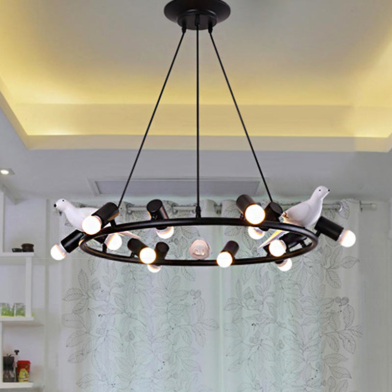 Modern Black Ring Pendant Chandelier With Bird Ornament - 6/8 Lights For Dining Room Ceiling