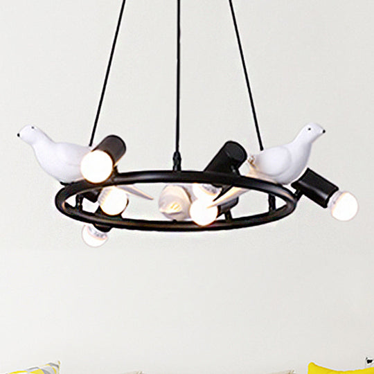 Modern Black Ring Pendant Chandelier With Bird Ornament - 6/8 Lights For Dining Room Ceiling