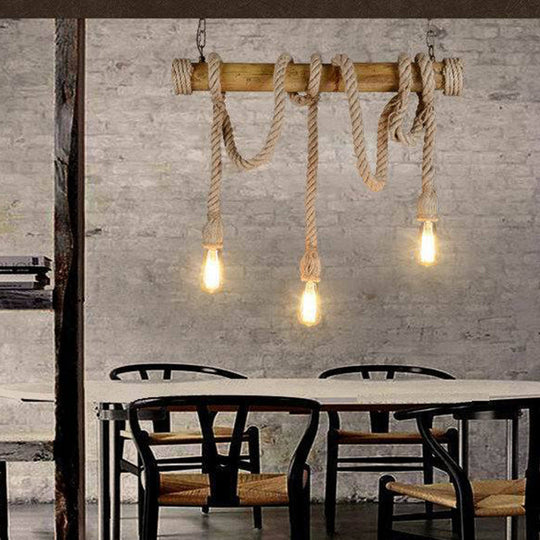 Country Style Bamboo Hanging Lamp - 3 Lights Linear Design Perfect For Restaurants With Hemp Rope