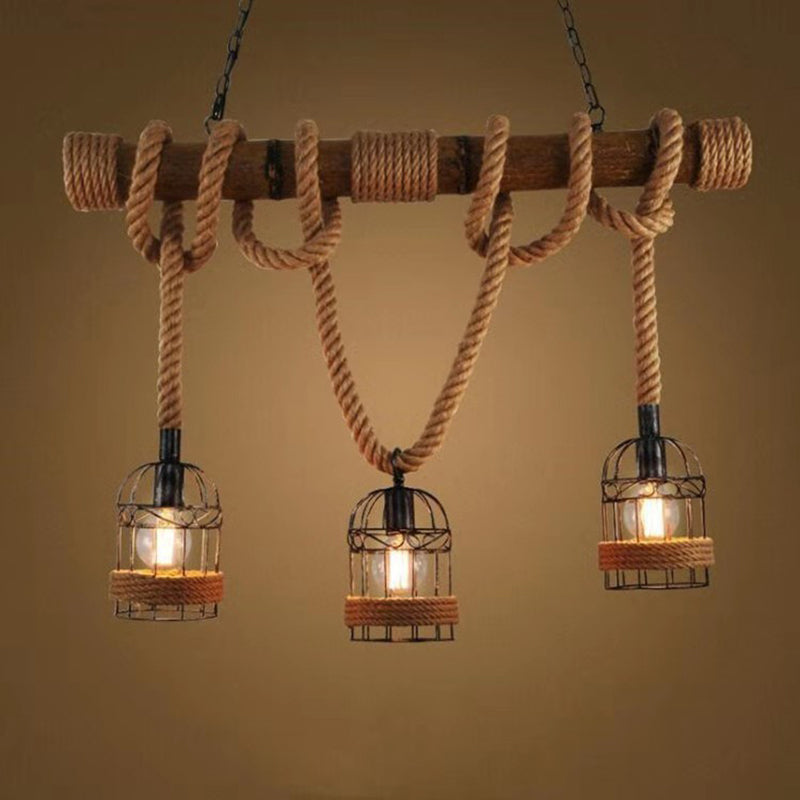 Country Style Bamboo Hanging Lamp - 3 Lights Linear Design Perfect For Restaurants With Hemp Rope