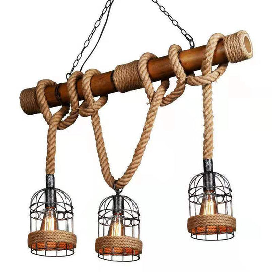 Country Style Bamboo Hanging Lamp - 3 Lights Linear Design Perfect For Restaurants With Hemp Rope