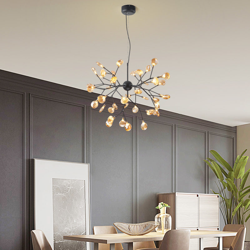 Lustre LED artistique Heracleum avec verre soufflé beige pour plafond de salle à manger