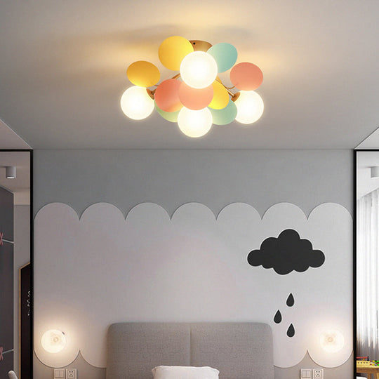 White Glass Semi Flush Circle Chandelier for Children's Room - Creative Ceiling Light Fixture