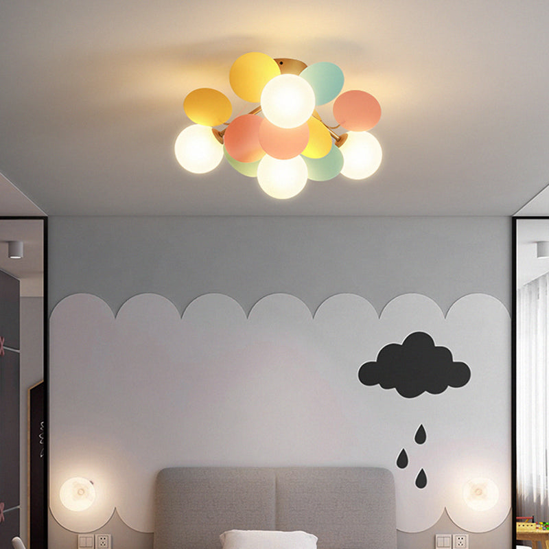 White Glass Semi Flush Circle Chandelier For Childrens Room - Creative Ceiling Light Fixture 4 /