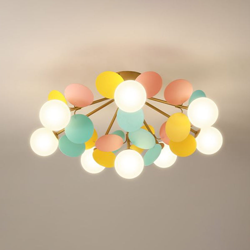 White Glass Semi Flush Circle Chandelier for Children's Room - Creative Ceiling Light Fixture