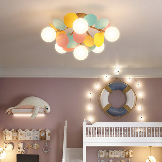 White Glass Semi Flush Circle Chandelier for Children's Room - Creative Ceiling Light Fixture