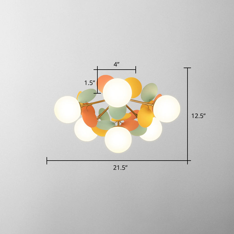 White Glass Semi Flush Circle Chandelier for Children's Room - Creative Ceiling Light Fixture