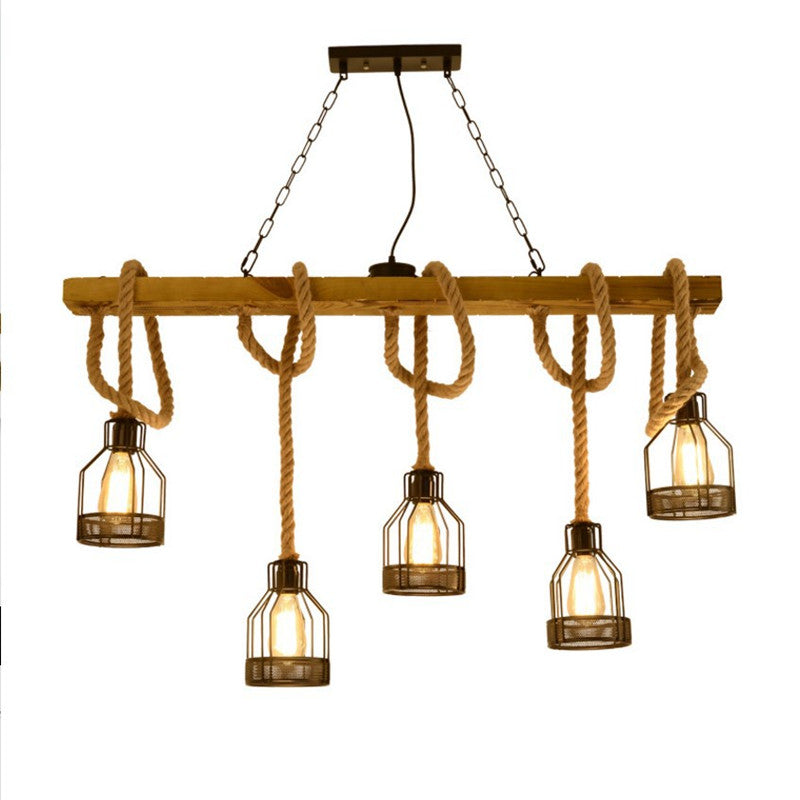 Rustic Wooden Linear Island Lamp With Mesh Cage - Suspension Pendant Light For Restaurants