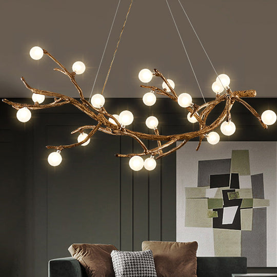 Modern Metal Tree Branch Island Lighting Fixture With Art Deco Wood Suspension And Acrylic Ball