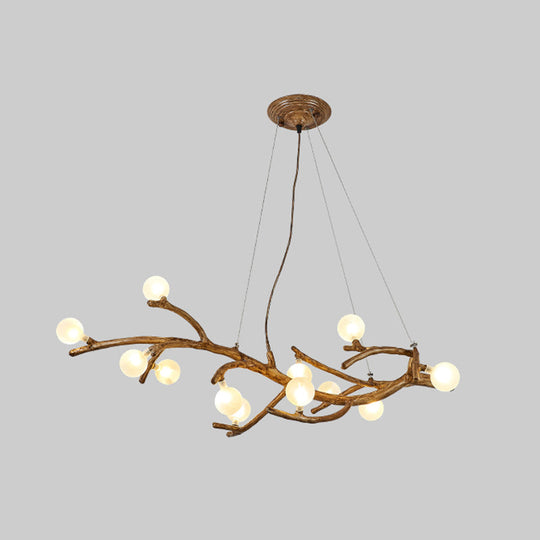 Modern Metal Tree Branch Island Lighting Fixture With Art Deco Wood Suspension And Acrylic Ball