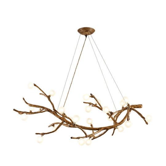 Modern Metal Tree Branch Island Lighting Fixture With Art Deco Wood Suspension And Acrylic Ball