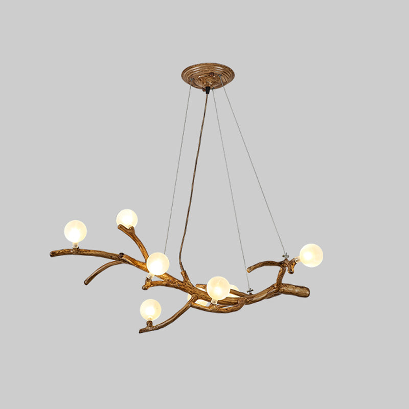 Modern Metal Tree Branch Island Lighting Fixture With Art Deco Wood Suspension And Acrylic Ball